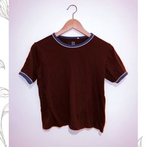 Burgundy t-shirt with light blue and white details